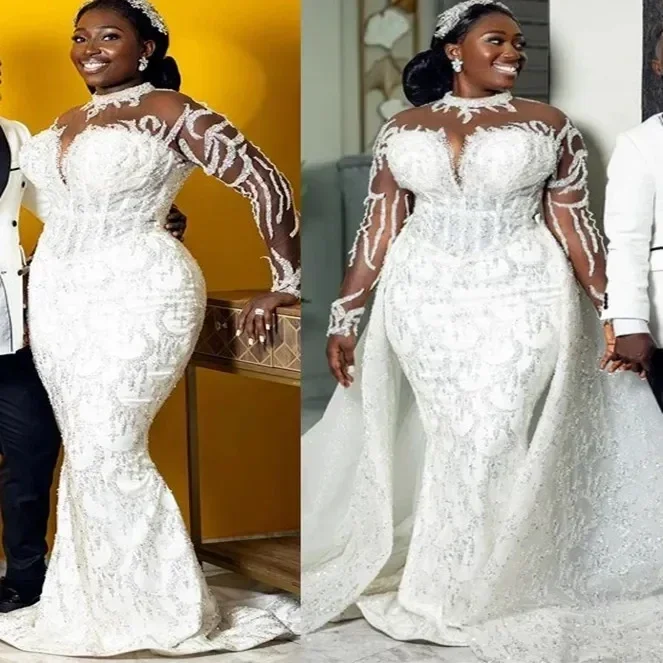 

Белые свадебные платья русалки больших размеров по индивидуальному заказу 2024, роскошные свадебные платья с длинными рукавами больших размеров, кружевные свадебные платья из бисера, Robe De Marriage