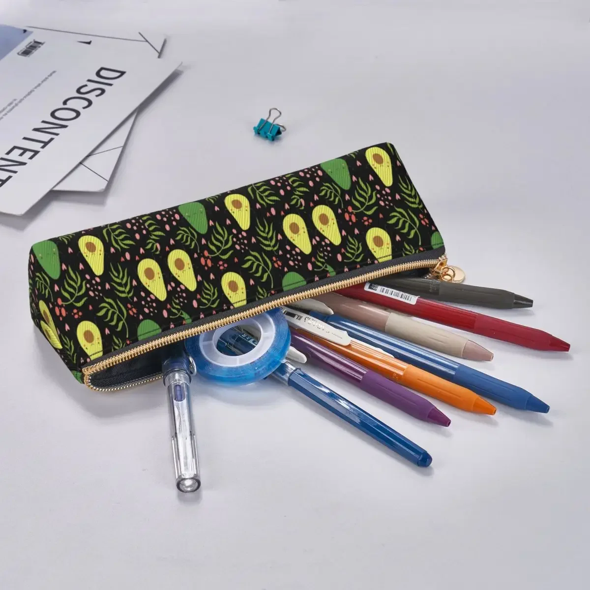 Trousse à crayons triangulaire avocat mignon pour filles et garçons, impression de feuilles vertes, boîte de grande capacité, stylo en cuir rétro, poudres