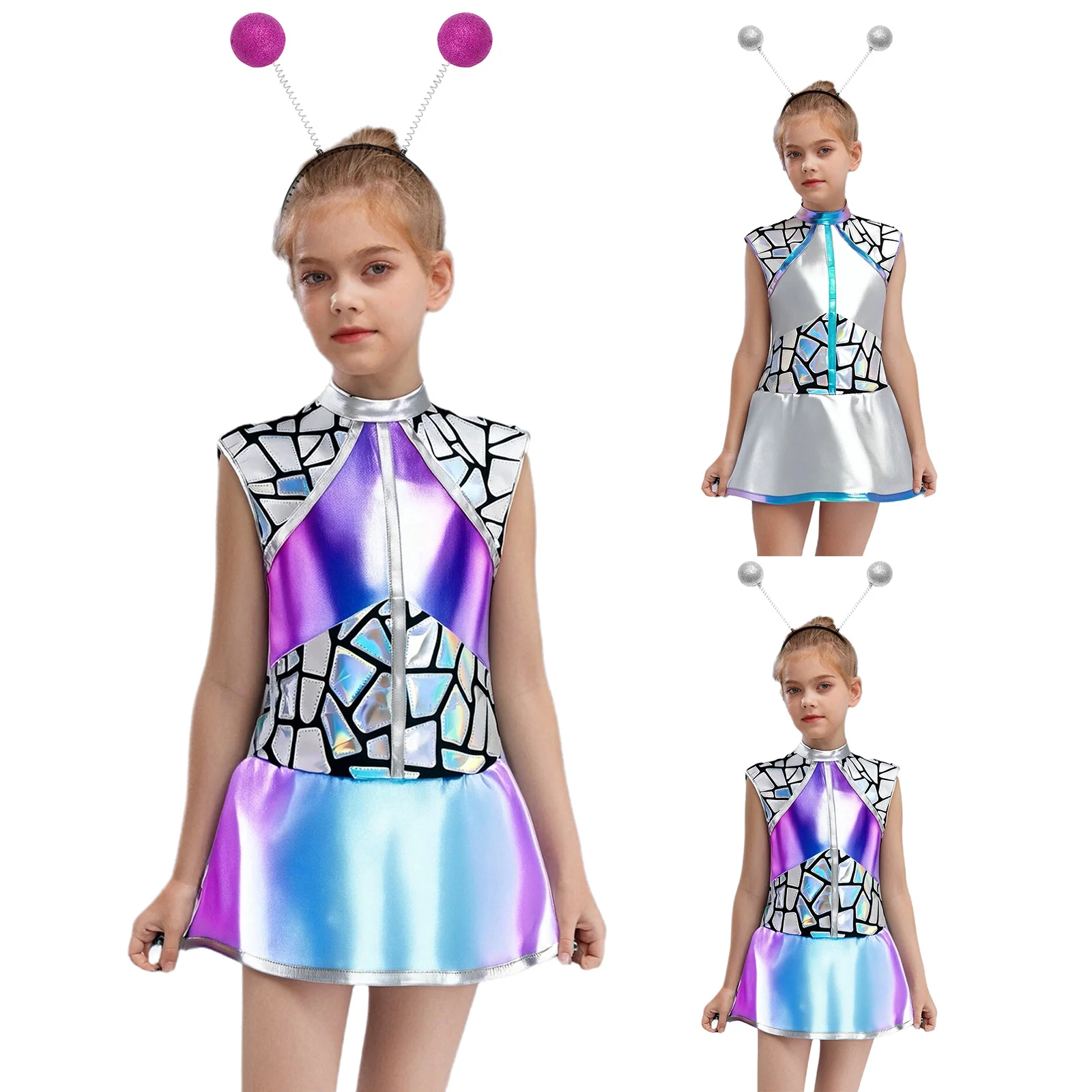 

Teen Girls Alien Role Play Costume Outer Space Cosplay Set Metallic Shiny A-lined Dress and Hair Hoop Halloween Space Man Outfit