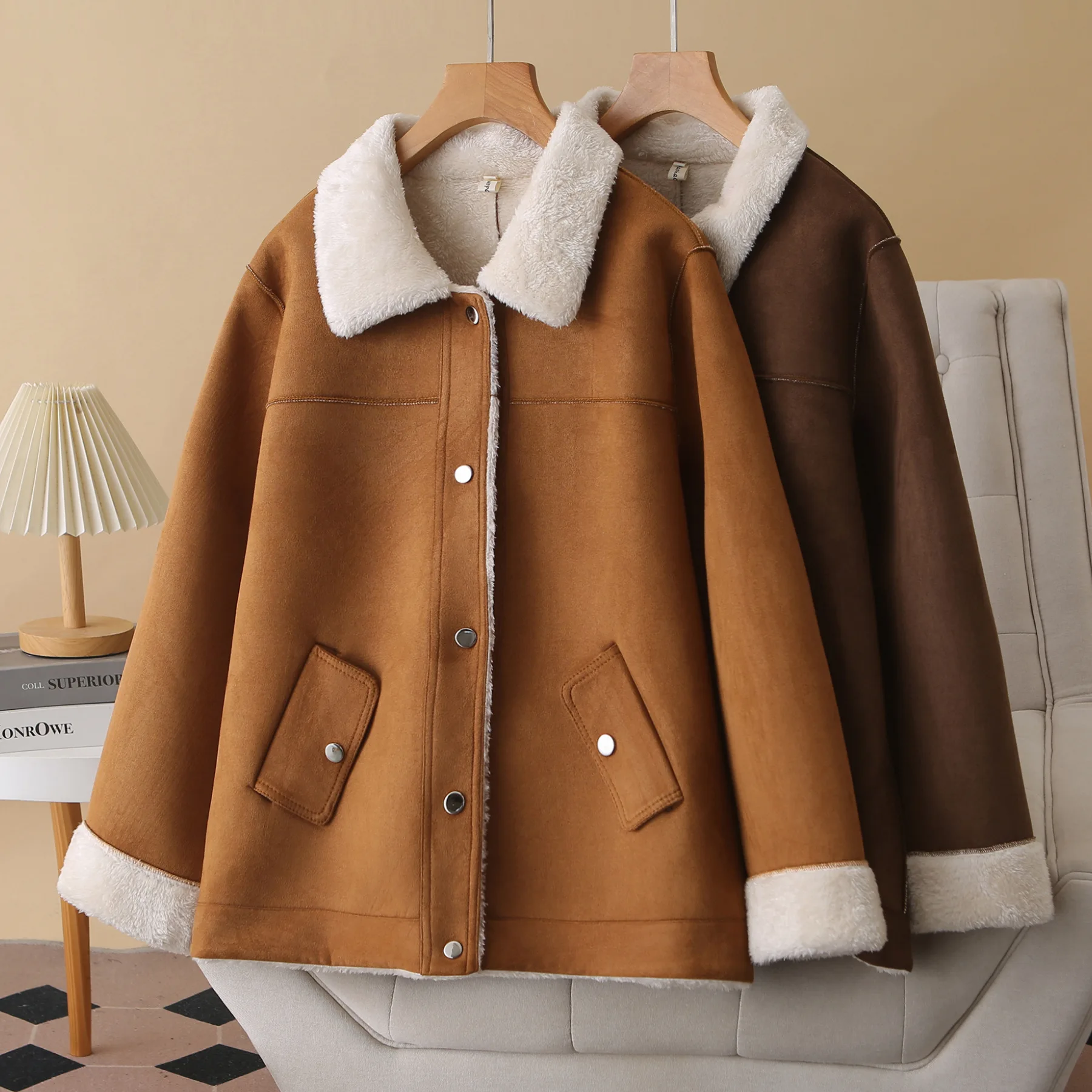 

Winter Suede Fleece Jacket For Women High Quality Simple Lapel Splicing Thicken Coat American Casual Fashion Female Overcoat