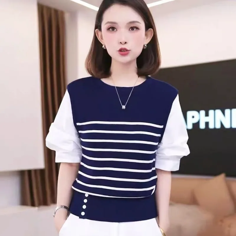 

Women Clothing Knitted Striped Fashion Sweaters Autumn Wintere Casual Loose O-neck Pullovers Knitwears