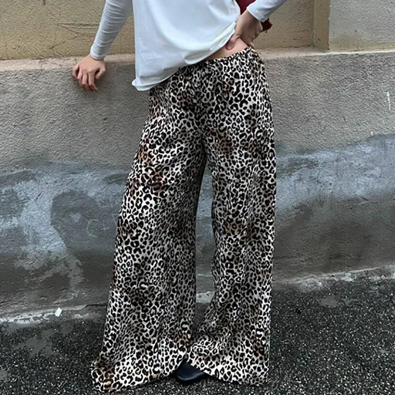 Printed Leopard Loose Pants Women Low Rise Wide Leg Trousers Female Summer Fashion Casual Overalls Outdoor Streetwear