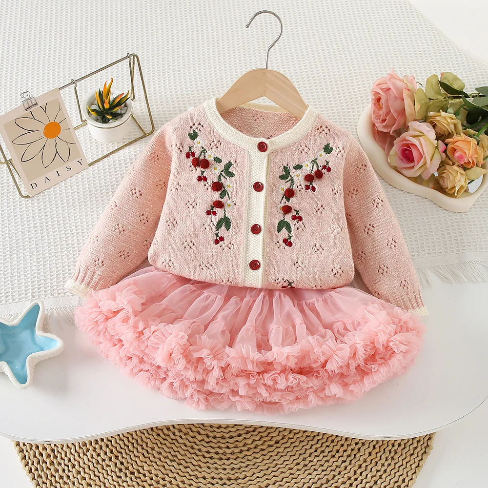 

Girls Dress Clothes Sets Spring Autumn Children Woolen Jersey Sweaters Coats Tutu Skirts Party Suit Kids Knitted Outfits Baby 3Y