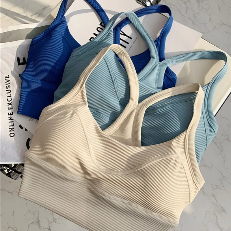 Kobiety Y Tape powrót wyściełane Strappy biustonosze sportowe Push Up Top biustonosz długi Crop biustonosz do jogi trening Fitness