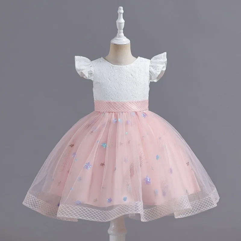 Girls' Dress Star Sequin Mesh Dress Color Matching Children's Wedding Party Flower Girl Dress Ankle-Length