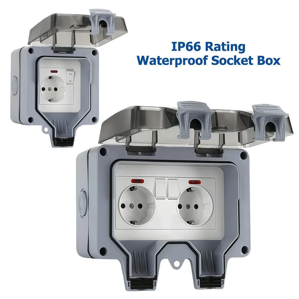 European-Style Outdoor Socket with Switch Indicator Light, IP66 Rated Surface-Mounted Suitable for Rooms Bathrooms Garden Socket