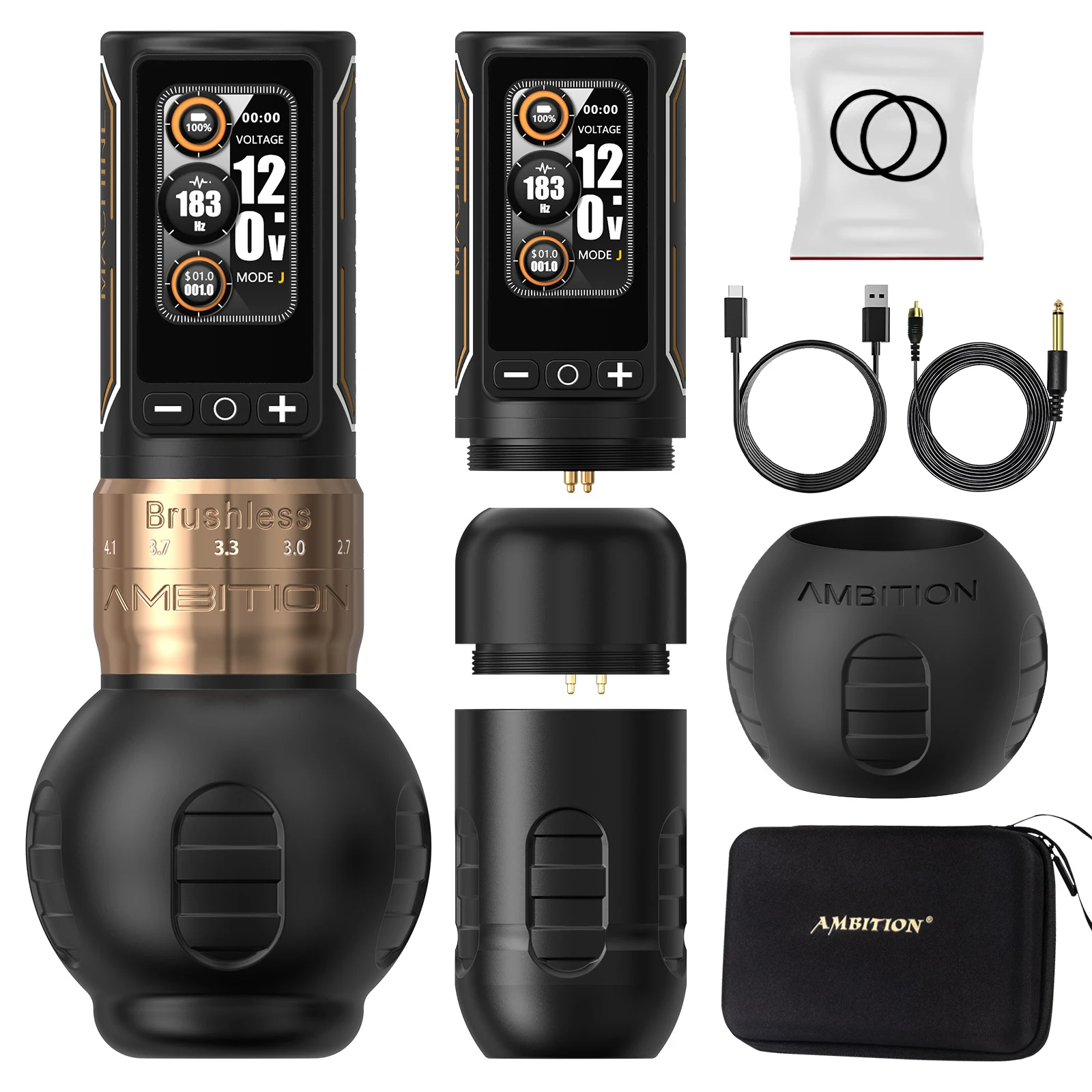 Ambitie Ninja Max 280 draadloze tattoo-machine 2,4 mm-4,5 mm verstelbare slag 54 mm + 34 mm grip borstelloze motor 2400 mAh batterijpen