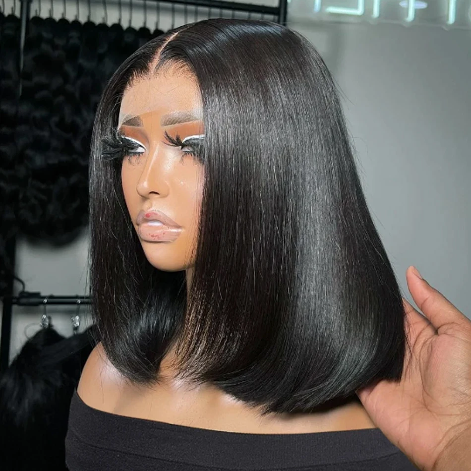 

13x4 Short Bob 200 Density Natural Black Straight HD Transparent Lace Brazilian Virgin Hair Wig Full Lace Frontal Wigs For Women