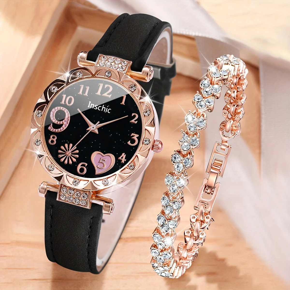 

2pcs/set Romantic Heart Rhinestone Watch & Bracelet Duo - Stylish Quartz Analog Timepiece with PU Leather Strap,