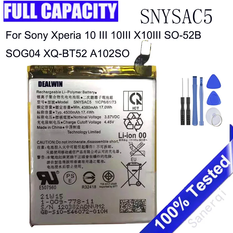 100% New Full 4500mAh Battery SNYSAC5 For Sony Xperia 1iii/Xperia 1 X10iii/Xperia 10 iii/Xperia 5 III Ace II Battery + Tools