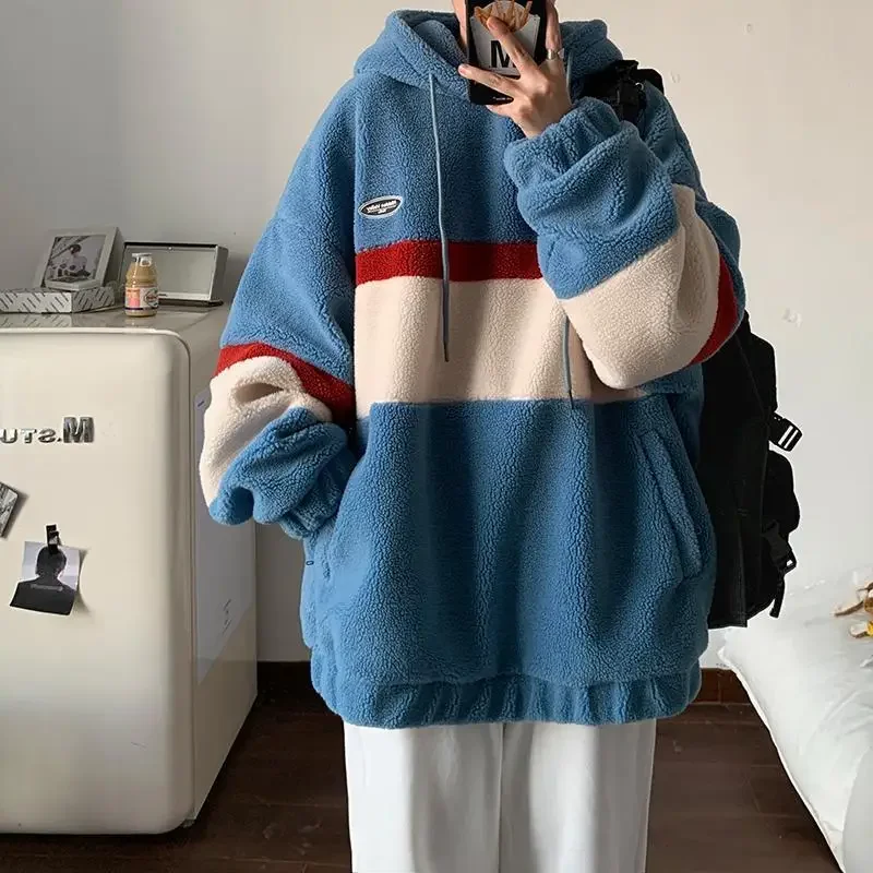 Korean Version Style Fashion Fleece Hoodies Women Patchwork Stripe Hooded Sweatshirts Couples Loose Coats  Casual Tops Pullover