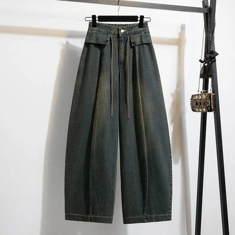 Denim Pants Women 2026 Autumn New Arrival High Elastic Waist Black Or Blue Color Korean Style Casual Loose Wide Leg Jeans Women
