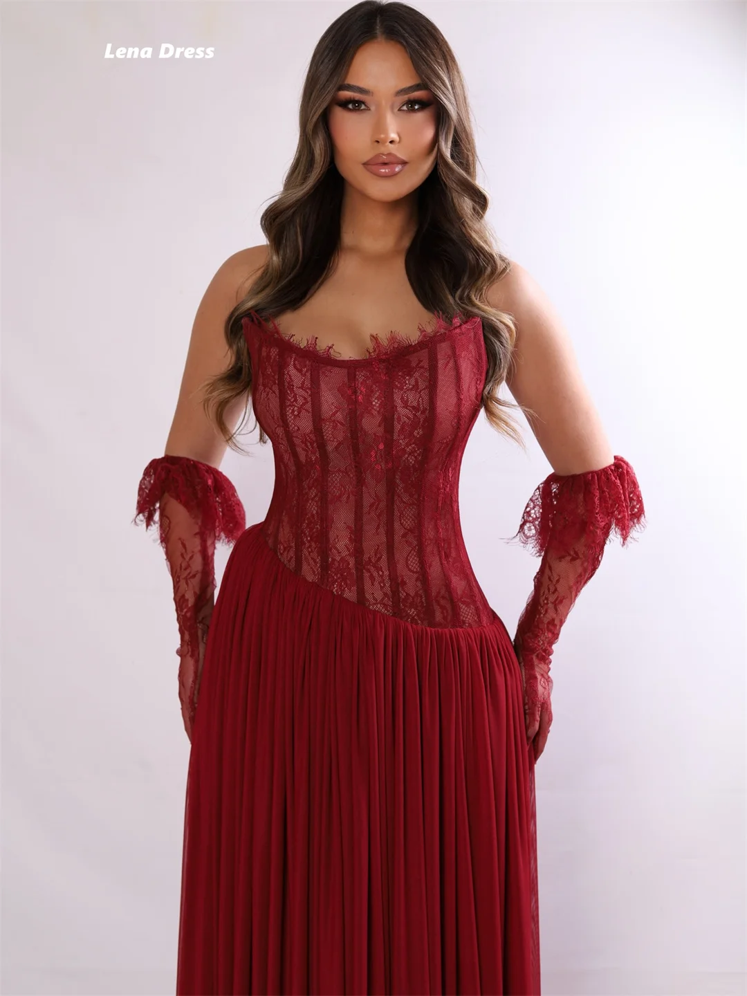 Lena Customized Evening Dresses for Special Occasions Embroidered Lace Elegant Cocktail Dresses for Luxury Party Red Line A Prom