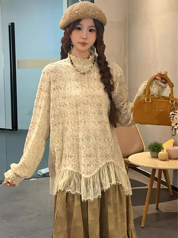 

Faionable Lace Patchwork Artistic irt Корейский Sle Long Sve Женский повседневный топ Ele Уникальный Жан Весна Осень