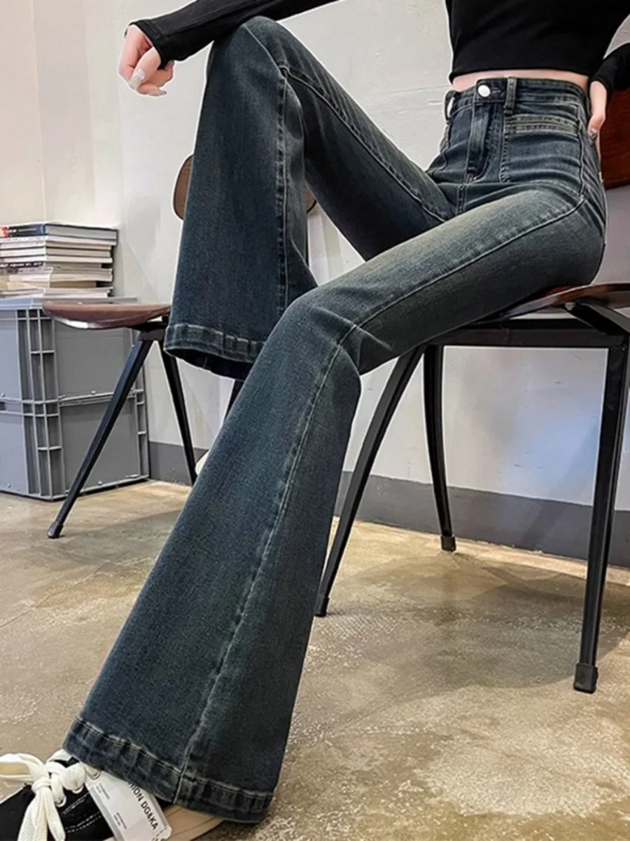 

Джинсы-клеш с высокой талией для женщин больших размеров, эластичные, свободного кроя, длинные брюки из хлопкового стрейч-денима с эффектом похудения, винтажные