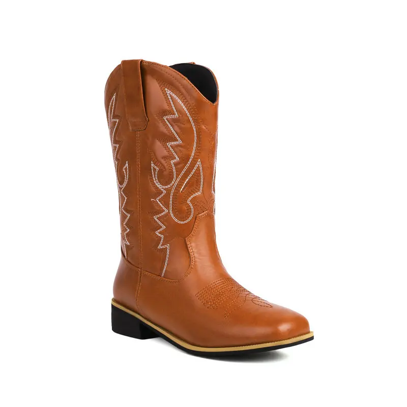 Bottes de Cowboy à Enfiler pour Femme, Chaussures Ethniques, Bohèmes Occidentales, Mi-Mollet, Broderie Large Mollet, Grande Taille 42 43