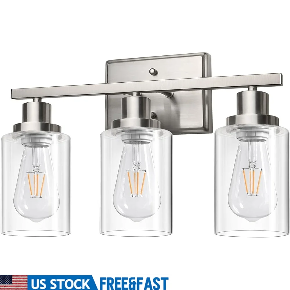 

Bathroom Vanity Light Fixtures 3 Light Wall Sconces with Clear Glass Shade Brushed Nickel Metal Lighting Mirror Kitchen