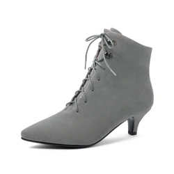 Fashion Lace Up Ankle Boots For Women Casual Low Heels Pointed Toe Beige Gray Women's Ankle Boots Short Shoes Lady Large Size 48