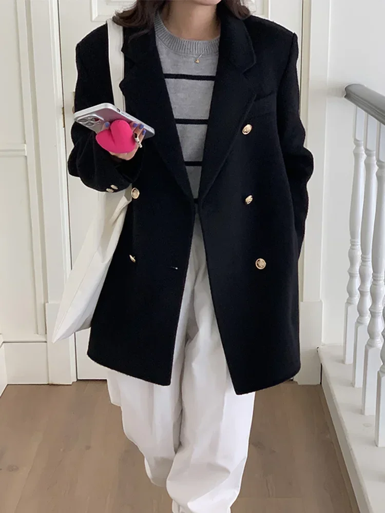 Autumn Winter Short Plush Wool Double-sided Coat Women Fashion Metal Buckle All-match Loose Lapel Double Breasted Woolen Coats