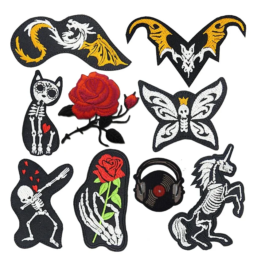 New Skull Skeleton Flower Embroidered Patches 3D Diy Iron On Horse Cat Dragon Skull Cloth Sticker for Clothes Punk Style Badges