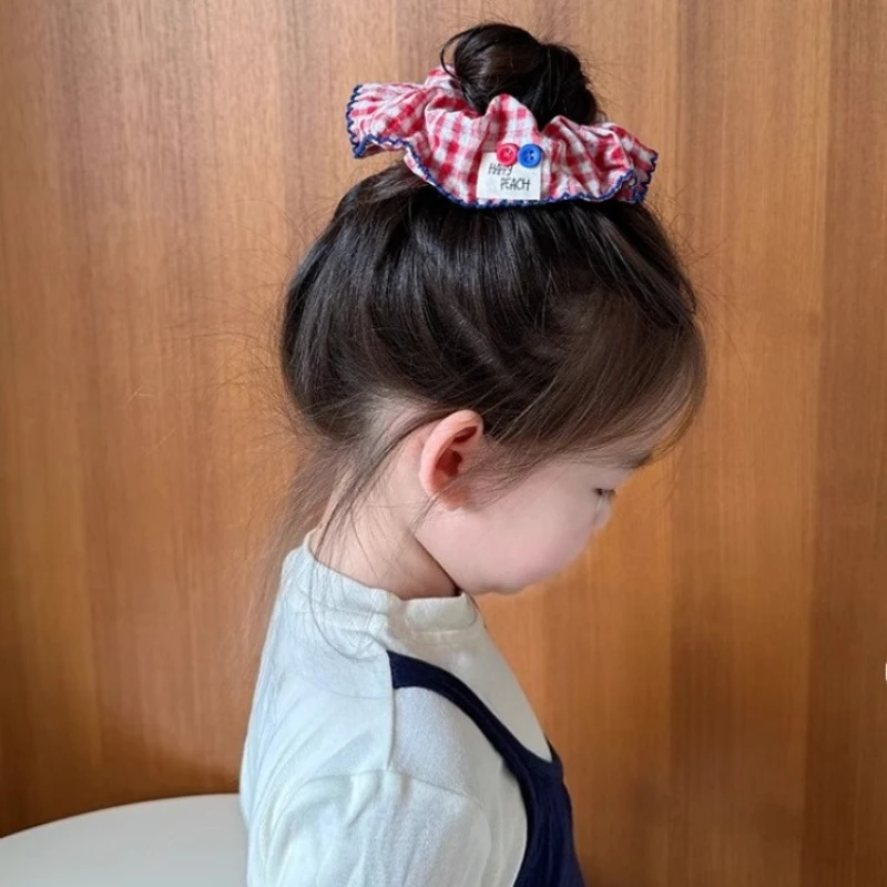 Red Blue Grid Button Elastic Hair Bands Headband College Style Girl Hair Rope Ties Ponytail Holder Rubber Bands Hair Accessories