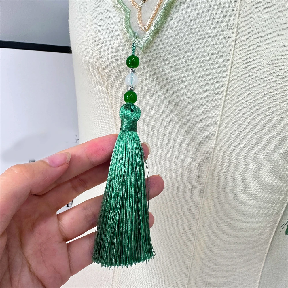 Vestido hanfu frisado estilo nacional para mulheres, colarinho falso, bordado verde, vestido retrô, roupas de ombro, acessórios de decoração, adulto