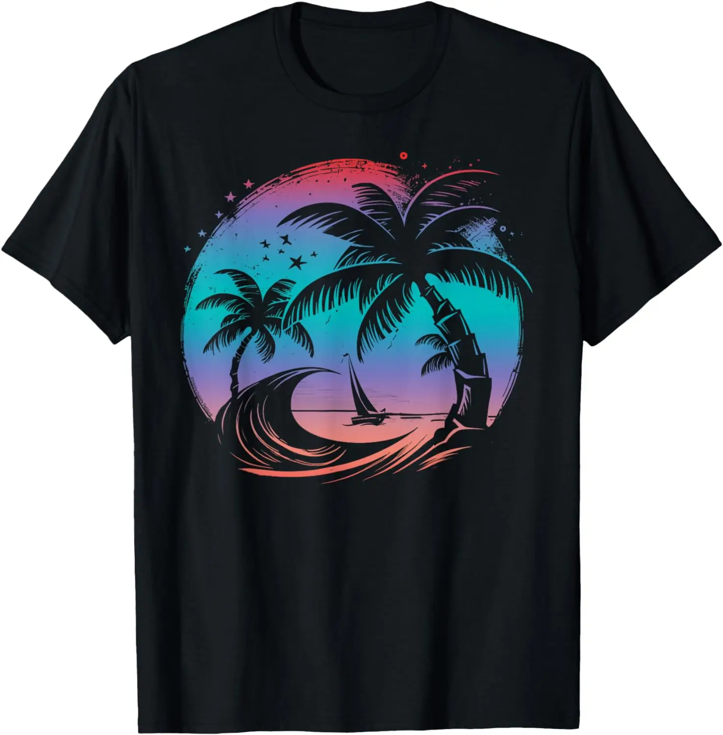 

Tropical Palm Trees with Sailboat Beach Island Sunset T-Shirt