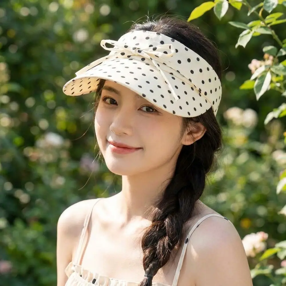 Fashion Polka Dot Visor Hat Bow Decor Polyester Empty Top Hat Wide Brim Korean Style Women Cap Outdoor Travel Beach