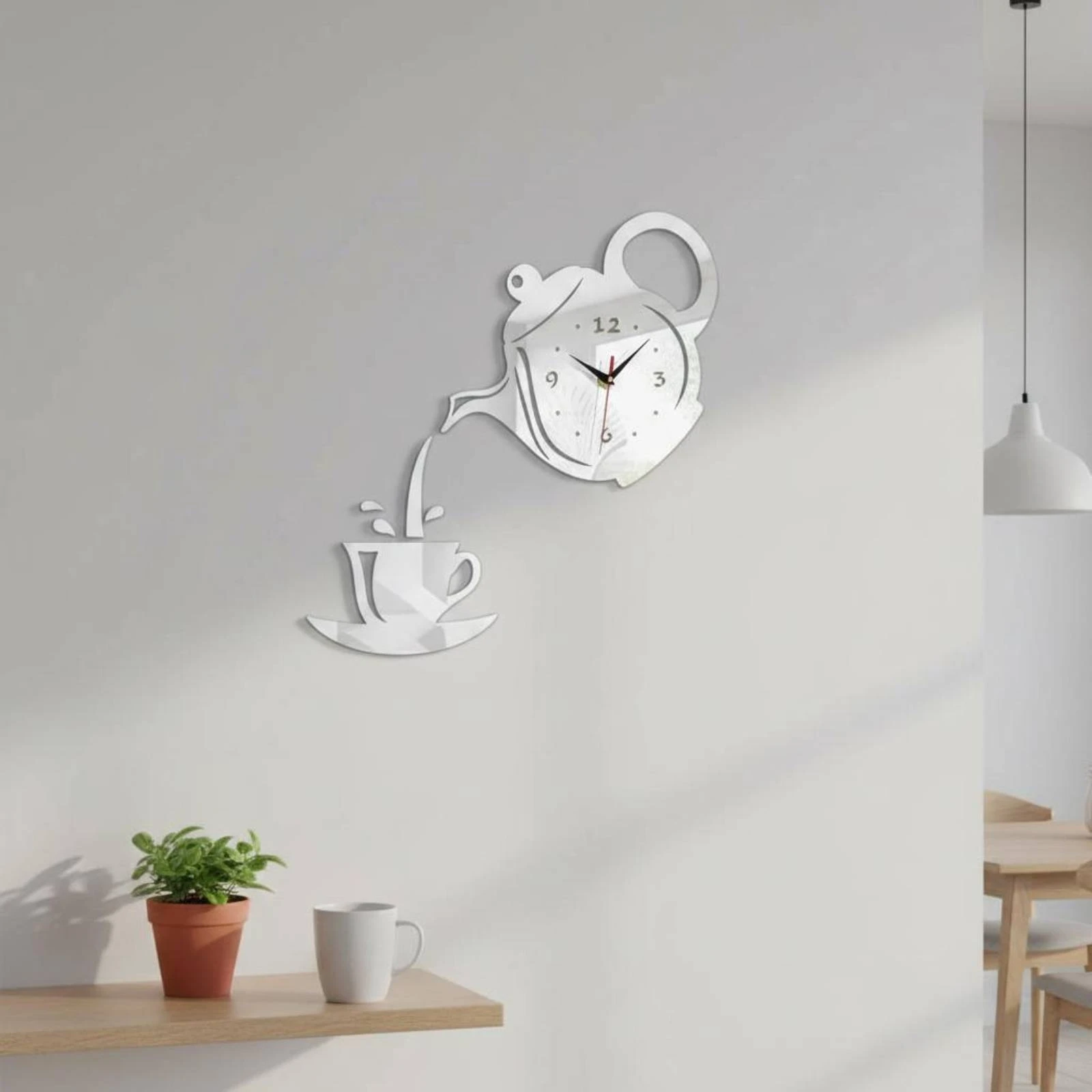 Decorative Acrylic Wall Timepiece Tea Pot and Cup Design Noiseless Wall Timepiece Home Decor Item Polished Border Room