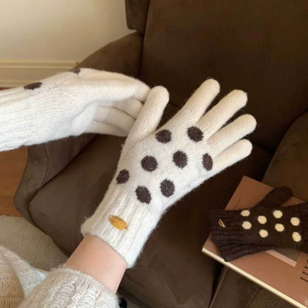 Cute Polyester Polka Dot Touch Screen Gloves One Size Warm Lining Knitted Winter Gloves Stretchy Full Finger Gloves Women Girls