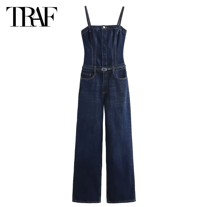 TRAF Denim Slip Long Jumpsuits For Women Off Shoulder Sleeveless Jumpsuit With Belt Backless Slim Overalls Fashion Jumpsuit 2024