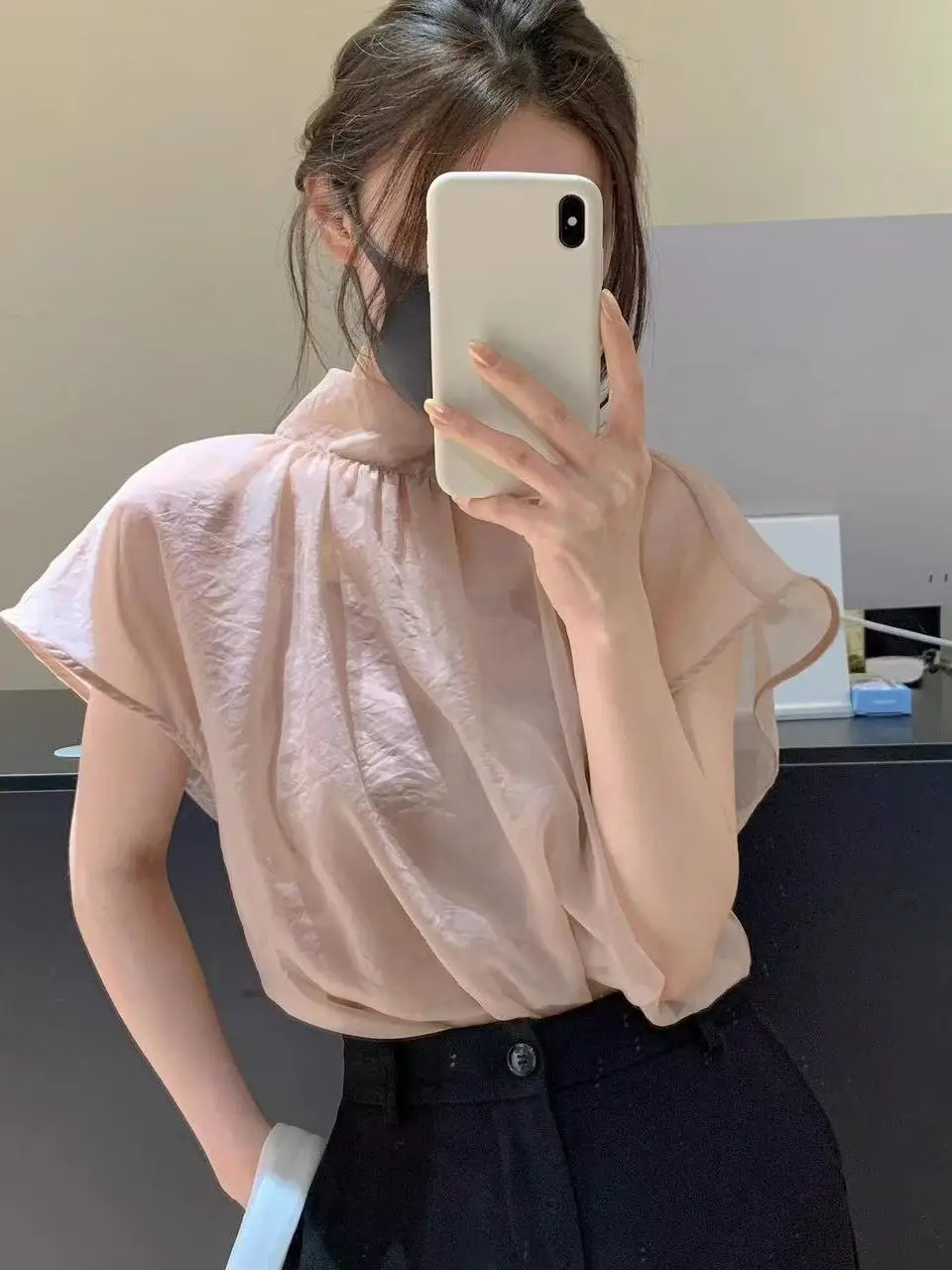 

Новинка: Женская модная блузка в корейском стиле с воротником-стойкой, коротким рукавом, декоративным бантом и узлом, летний нежный топ