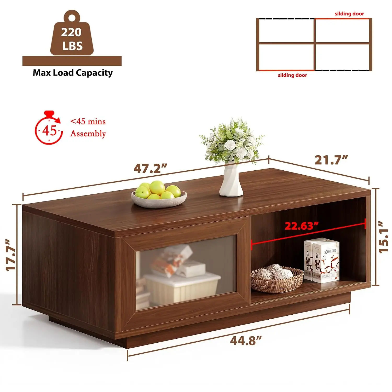 47 Inch Walnut Coffee Table With Storage For Living Room, Customized