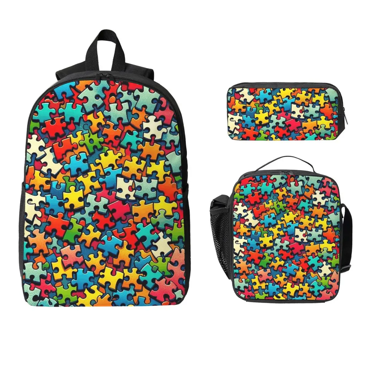 Autism Awareness Colorful Puzzle Piece Print Backpack BookBag School Bag Shoulder Bags 3ps Insulated Lunch Bag Pencil Case