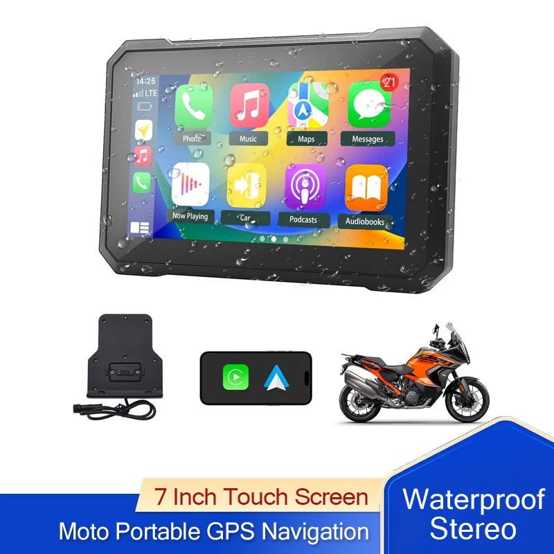 

7inch Motorcycle Wireless Carplay Android Auto IPS Touch Screen IPX7 Waterproof Stereo GPS Navigation with Light Sensing