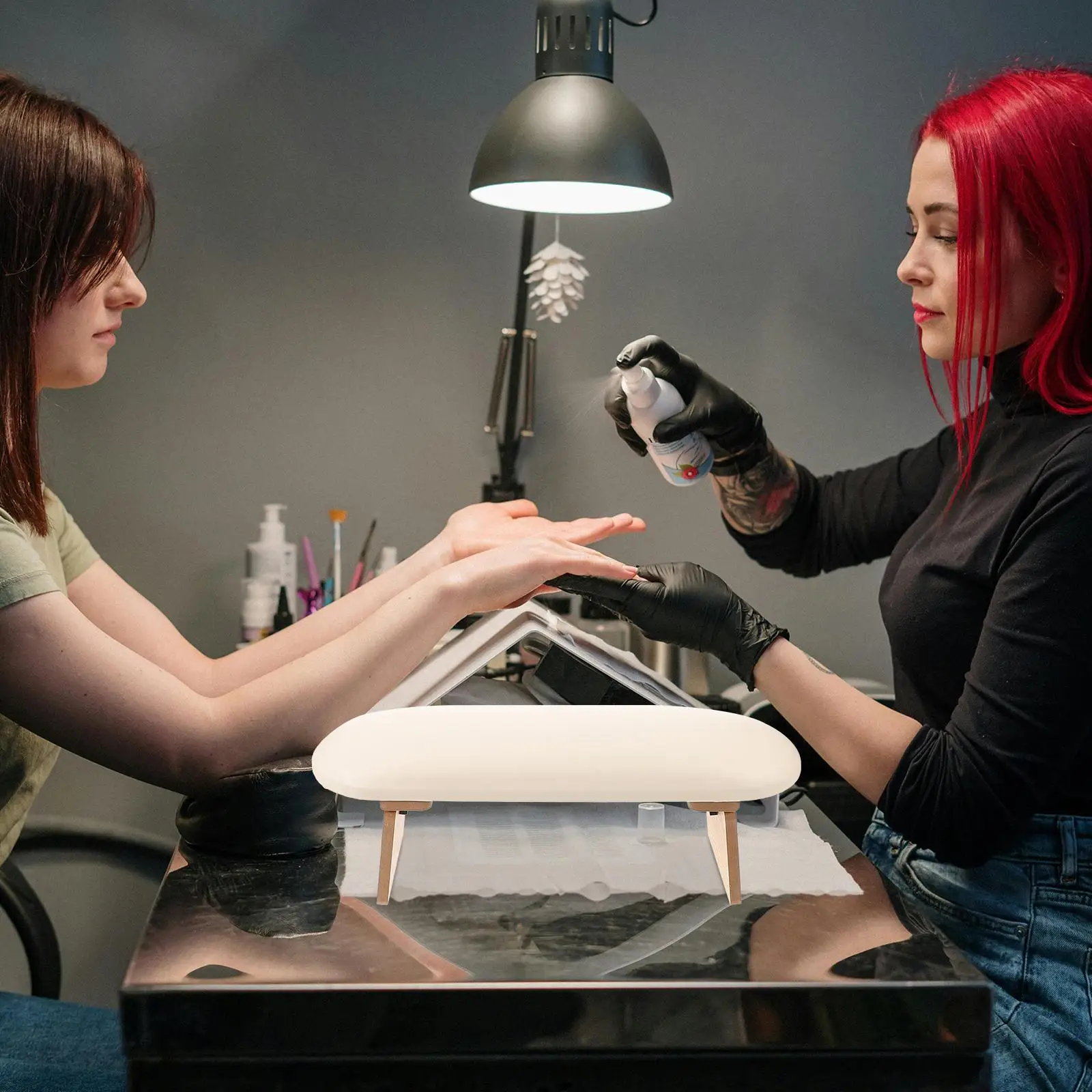 Mesa para decoración de uñas, reposabrazos, máquina de fototerapia para salón de uñas, manicura de madera, mano