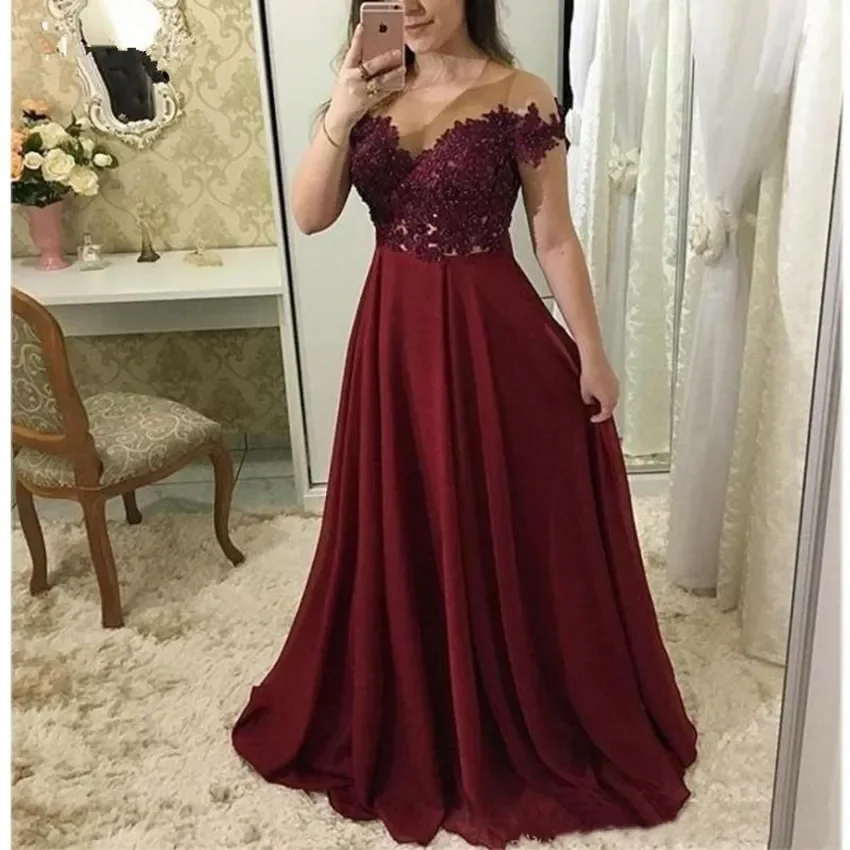 Burgundy Prom Dresses 2024 Long Illusion Neckline Short Sleeve Lace Appliques Evening Gowns Long Chiffon Special Occasion Dress