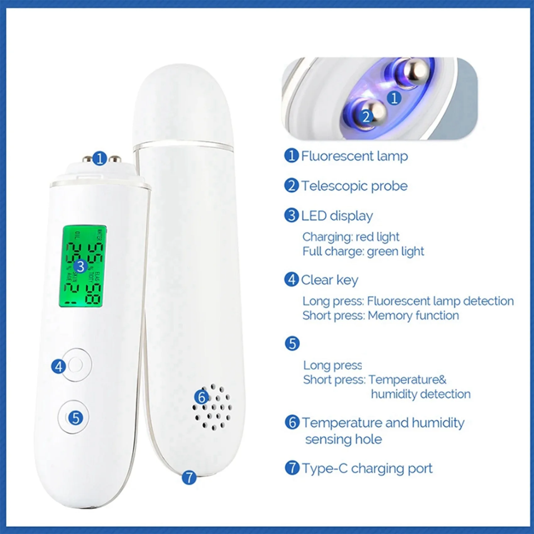 KEOL-2X Huidvochttester Slimme water- en olietester LCD-scherm Gezichtshuidvochtmeter Fluorescerend middel Detector