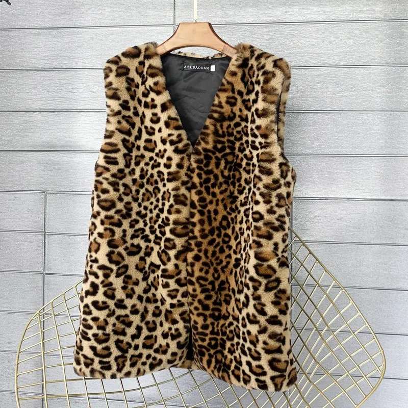 Women's Faux Mink Fur Leopard Print Winter Mid-length Faux Fur Waistcoat Warm Vest Waistcoat Outerwear Soft Women Jacket