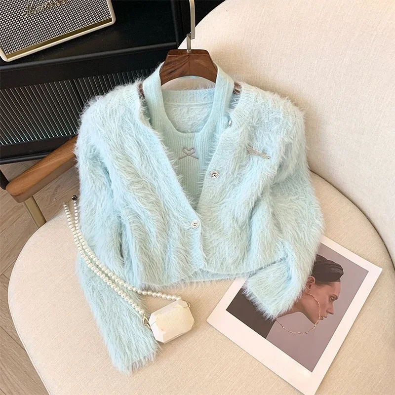 Sexy Halter Vest Pink Cardigan Mink Cashmere Sweet Korean Fashion Knitwear Jacket 2 Sets Tanks Pull Femme Y2k Sweater