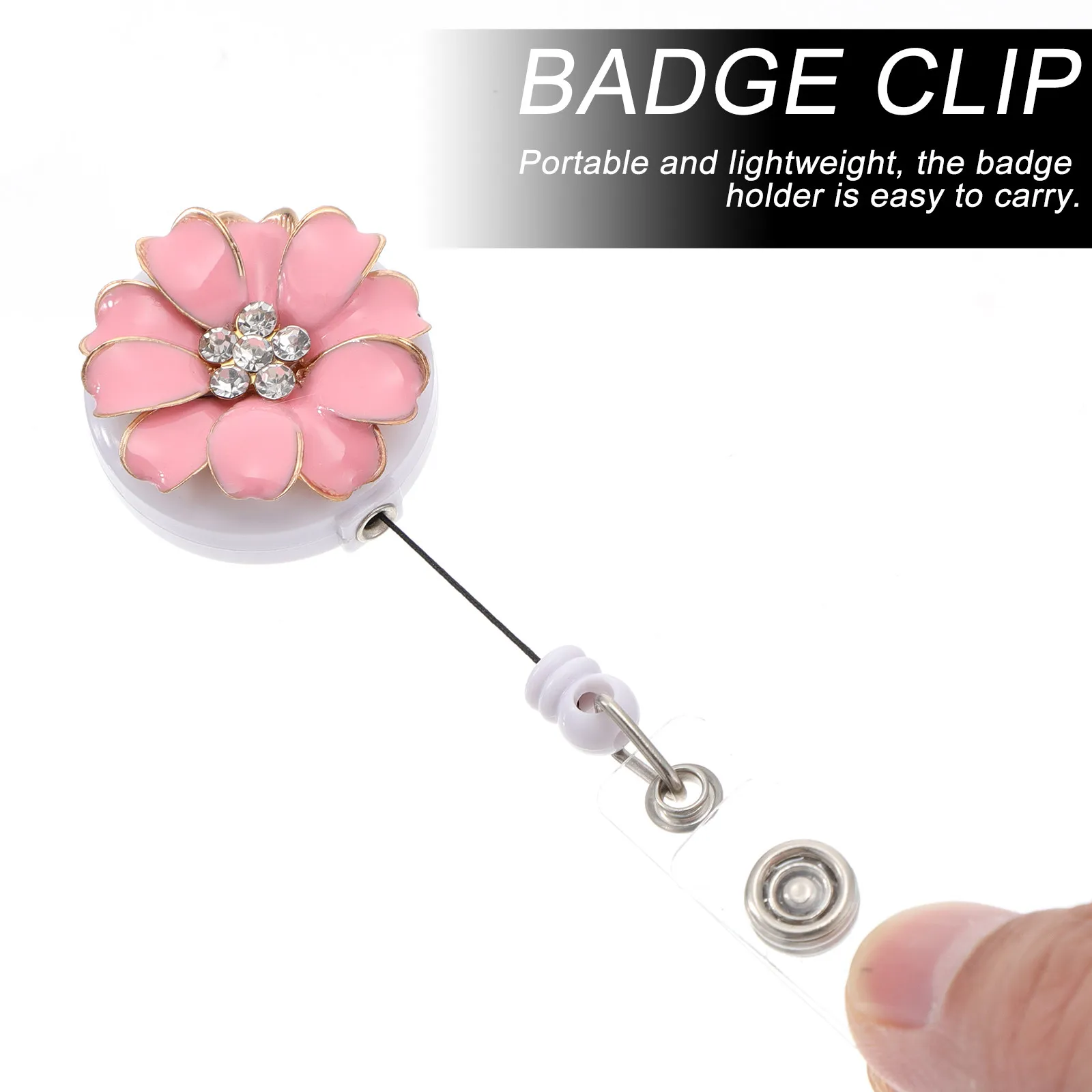 2Pcs Flower Rhinestone Badge Clamp Retractable Name Badge Holder Secure Clip for Belts Pockets Bags Keys Id Cards Lanyards