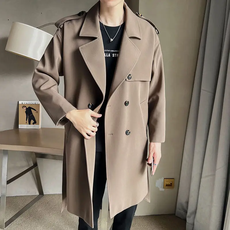 

Trench Men Oversize Solid Double Breasted Loose Coat All-match Streetwear Turn-down Collar Sashes Hot Sale Hombre Fashion C16