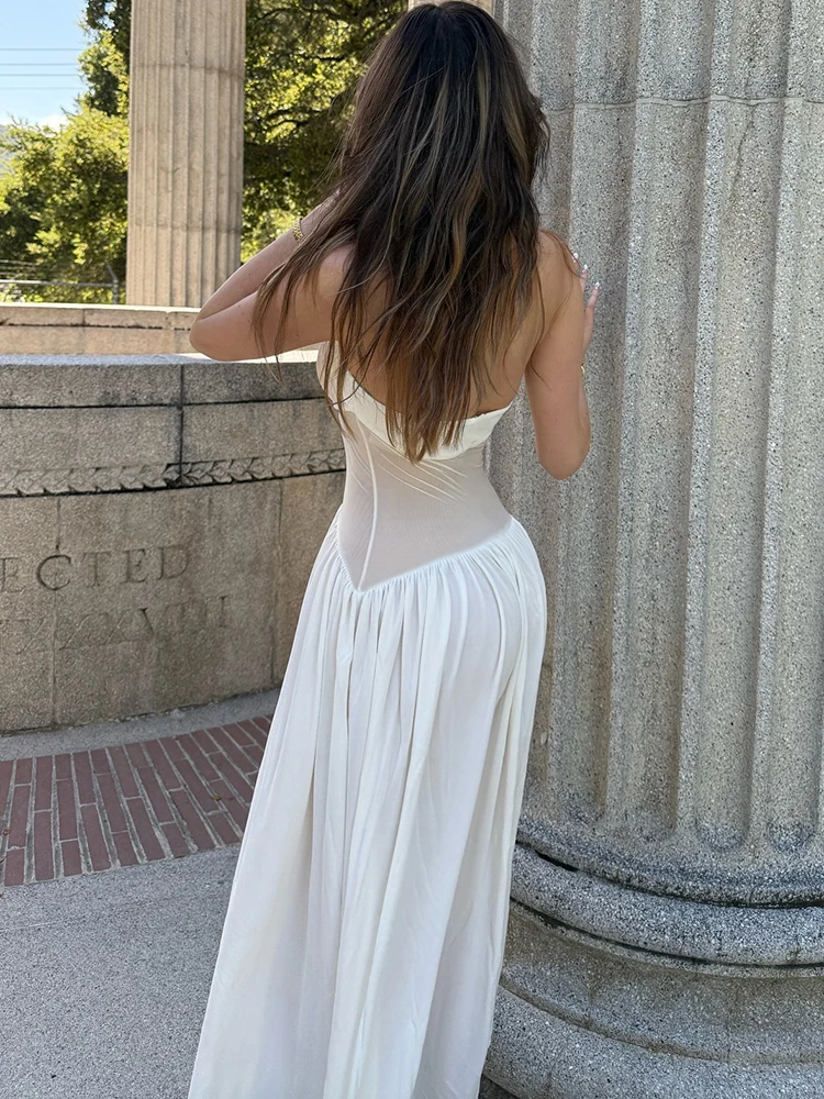 Nibber Temperament Mesh Patchwork Maxi Dress Women Halter Backless Sleeveless Vacation Fashion Camping Ruched Classic Vestidos