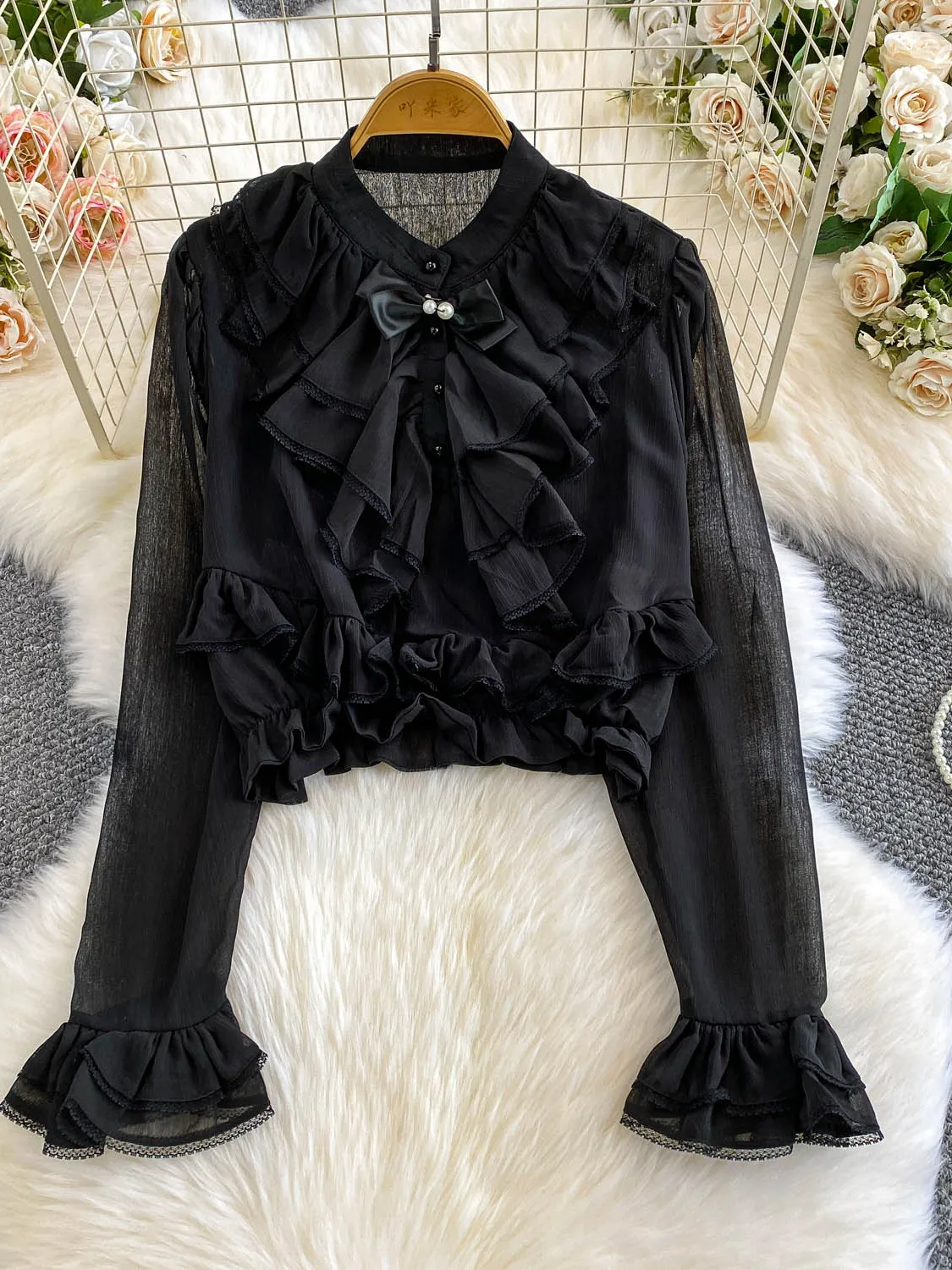 Csa E com Mangas de Renda para Mulheres, Top Curto com Laço de Borboleta, Ajuste Solto, Decote Redondo, Manga Longa