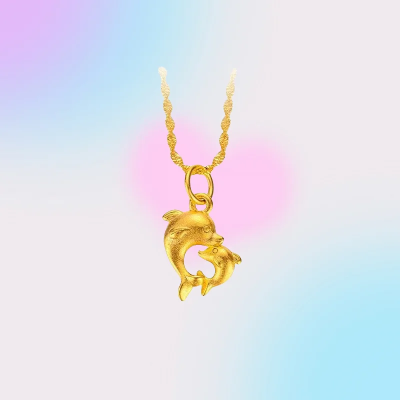 

new 9999 Real Gold 24K Double Dolphin Necklace Women's Gold Collarbone Chain Niche Micro-inlaid Pendant Korean Edition Items Jew