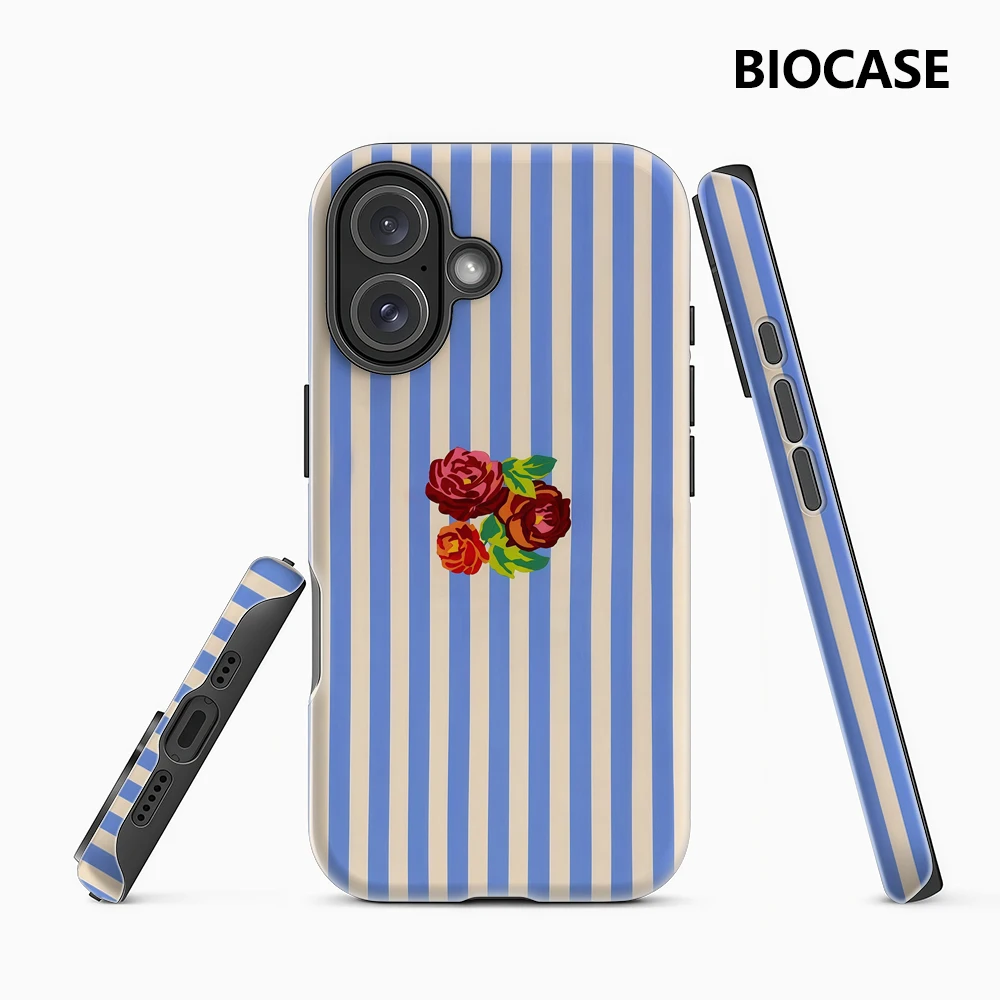 Rose auf Blau-Weiß-Streifen iPhone18 Handyhülle Must-Haves Doppelschichtige Rückabdeckung für iPhone 17 16 15 14 13 12 Pro Max Plus