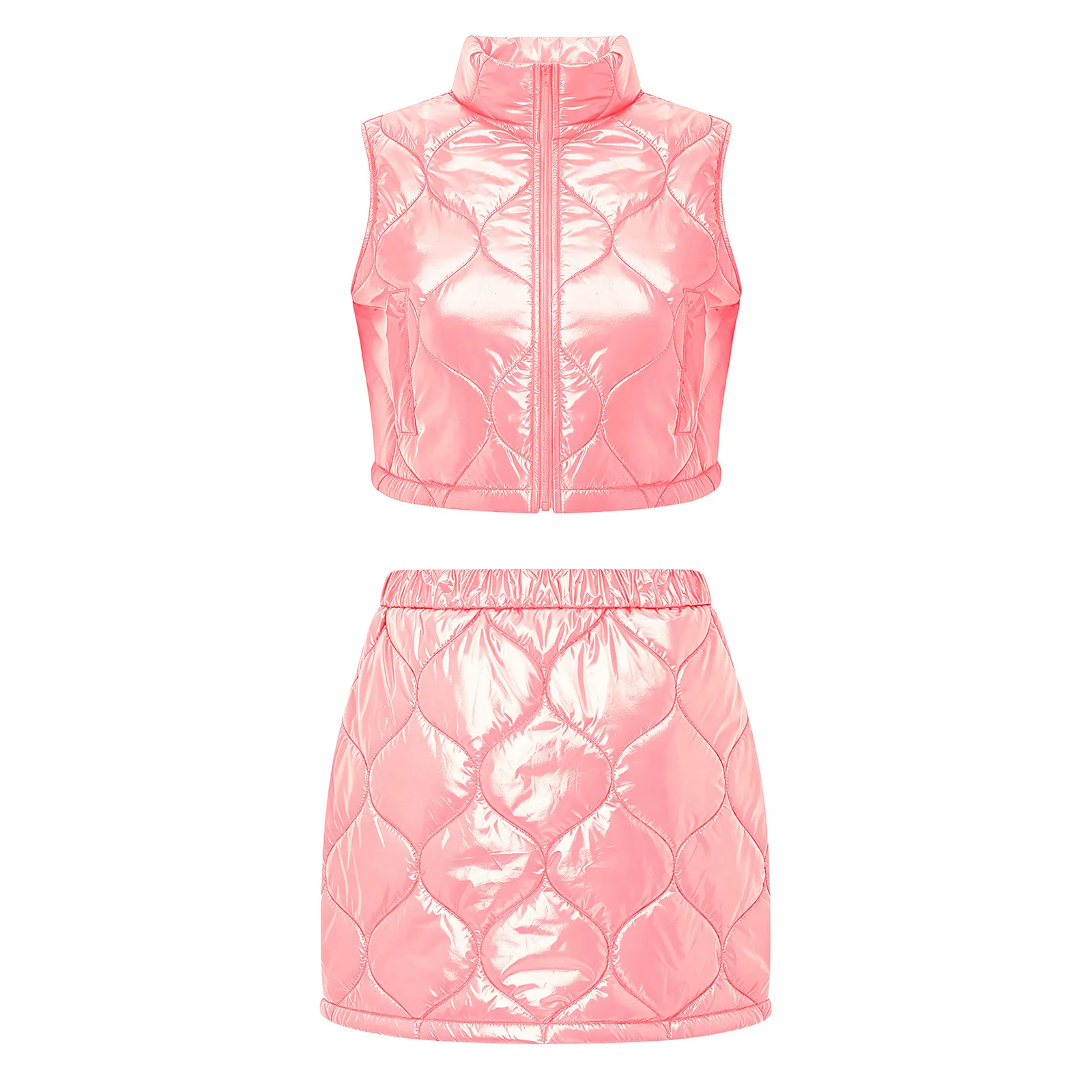 Womens Quilted Puffer Warm Outfit Stand Collar Sleeveless Crop Vest and Miniskirt Sets for Hip Hop Clubwear Dance Competition