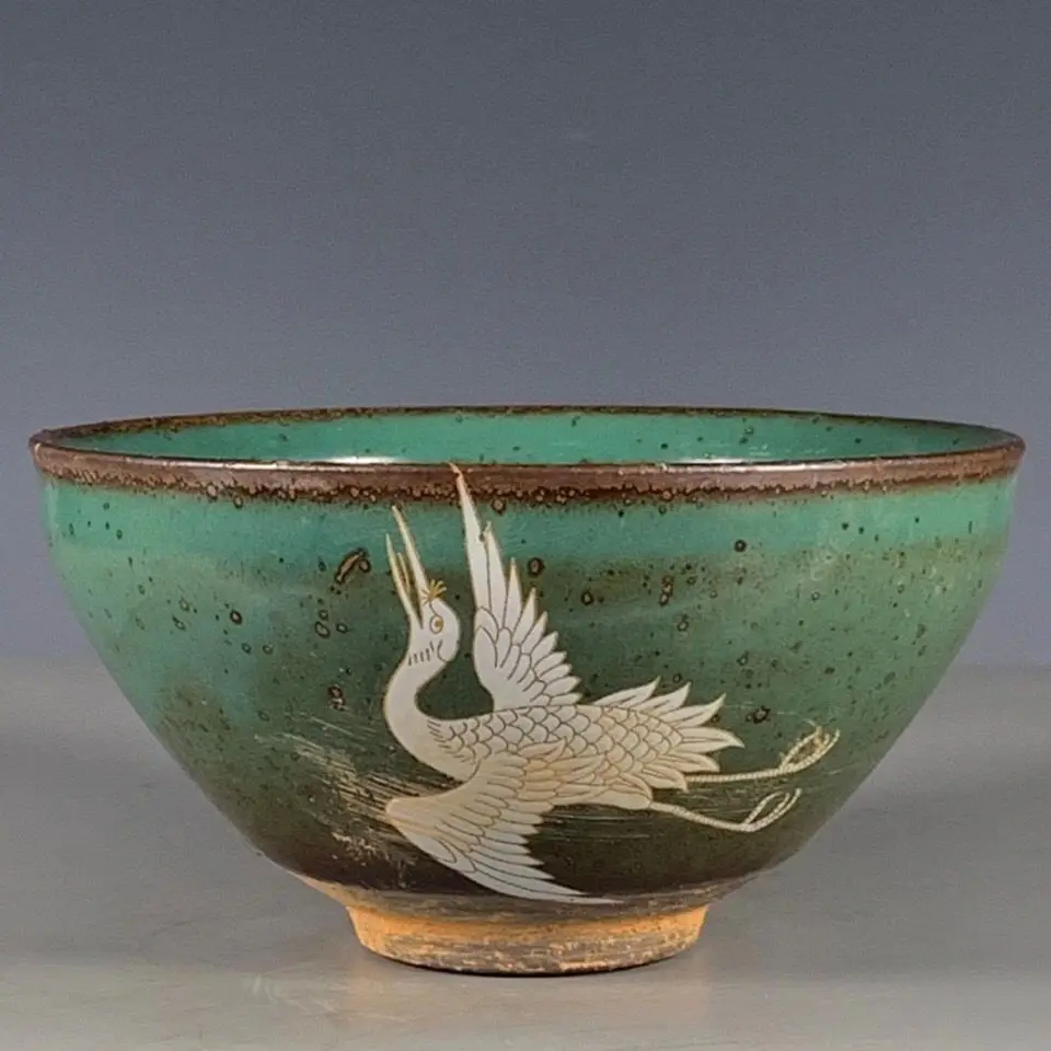 Chinese Song Jian Kiln Green Glaze Porcelain Crane Pattern Bowl 4.92 inch