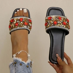 Women Slippers 2024 Summer Home Casual Fashion Shoes Versatile Rhinestone Sandals Summer New Luxury Flat Slippers Slides Women