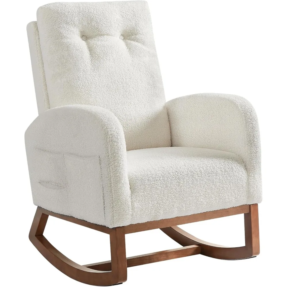 Solid wood leg rocking chair, gliding chair with cushioned high backrest, daycare chair in living room and bedroom